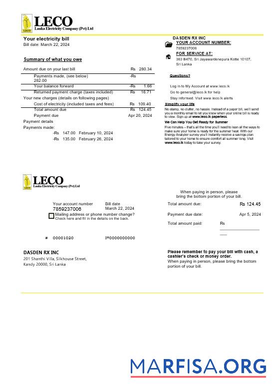 Printable Sri Lanka LECO Company electricity business utility bill template in Word and PDF formats